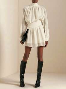 SHEIN Veneréa Autumn New Ruffled Hem Printed Long Sleeve Waist Cinched Mini Dress