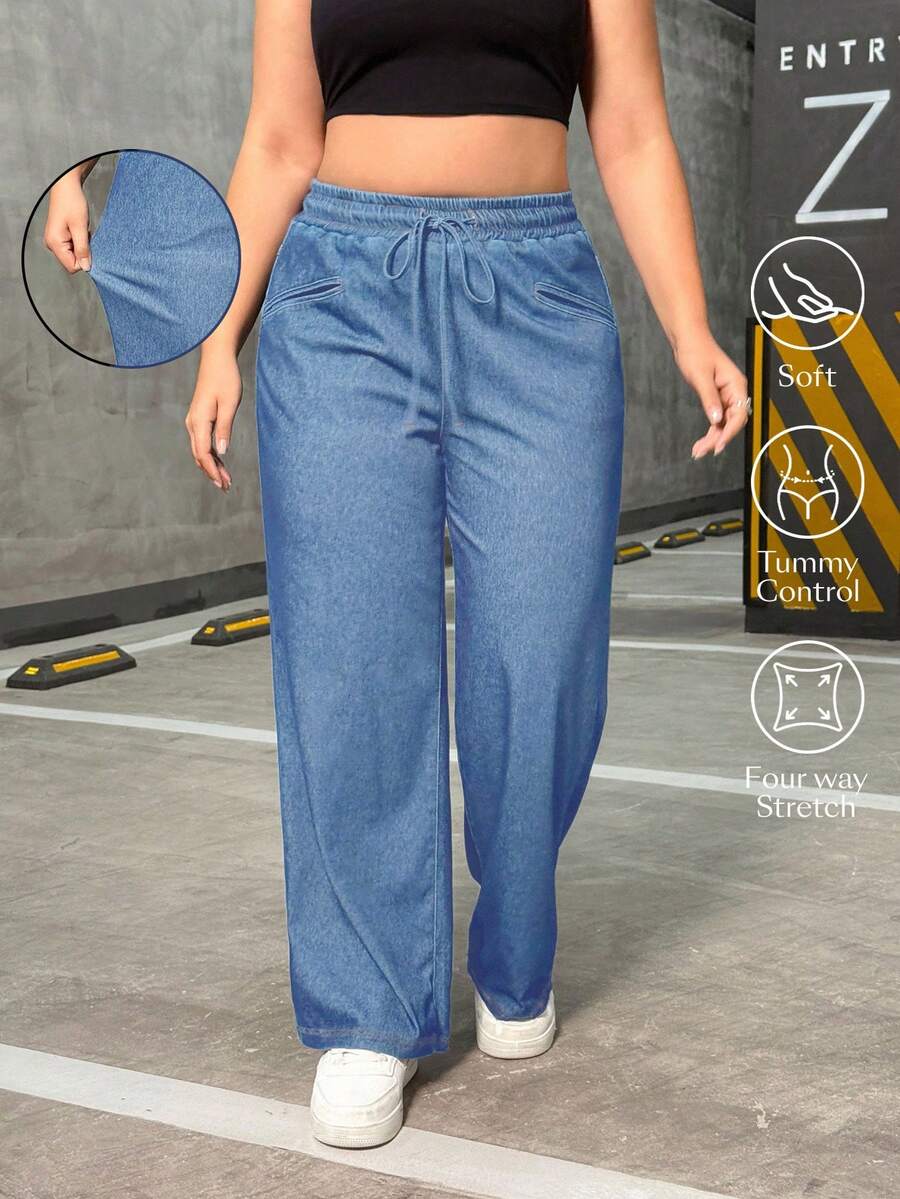 Flexra Celana Jeans Kasual Ukuran Besar Warna Polos dengan Pinggang Elastis Berpilin - Light Wash - View 1