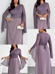 SHEIN Privé Vestido midi cómodo, casual y elegante para vacaciones con mangas con lazo, abertura y bajo acampanado, adecuado para citas, fiestas, té de la tarde, moda en tallas grandes - Morado - Ver 1