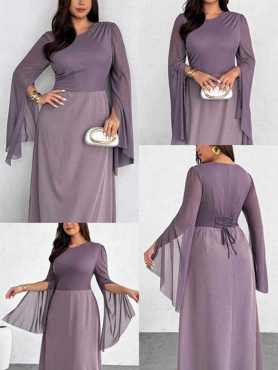 SHEIN Privé Vestido midi cómodo, casual y elegante para vacaciones con mangas con lazo, abertura y bajo acampanado, adecuado para citas, fiestas, té de la tarde, moda en tallas grandes - Morado - Ver 1