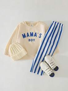 THE HAPPY LOOK 2pcs/Set Young Boy Letter Graphic Soft Knit Crew Neck Short Sleeve Top And Striped Elastic Waist Pants Mamas Boy Outfit Kids Boy Set - Multicolor - View 5