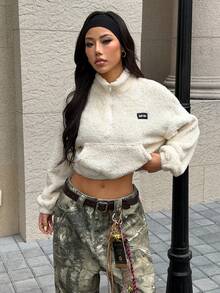 SHEIN EZwear Summer Outfits Women's Half Zipper White Fleece Sweatshirt With Letter Patch Design,Long Sleeve Tops In Fall/Winter
