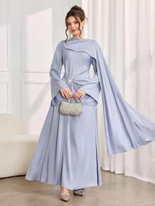 Graceveil Designed Batwing Sleeve Pleated Long Dress For Women - Grey - View 7