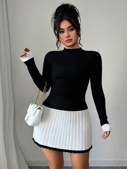 Elenzga Plus Size Elegant Ribbed Knit Color Block Fitted Long Sleeve Sweater Dress, Autumn/Winter