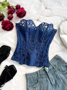Soleia European & American Style Sexy Vacation Lace Double-Layer Corset Bustier, Hollow Embroidered Shapewear, Deep Blue - Royal Blue - View 3