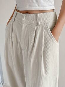 Dazy Tall 高个女式罗纹褶裥直筒休闲裤 - 米色 - 查看 1