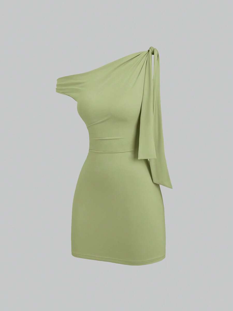 Sweetra فستان ضيق مثير بكتف مائل وكشكشة، مع تقليص الخصر، تنورة ضيقة فرنسية أنيقة قصيرة