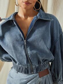 Vixey Women's Turndown Collar Zipper Front Fashionable Versatile Casual/Work Long Sleeve Denim Jacket - Medium Wash - View 5