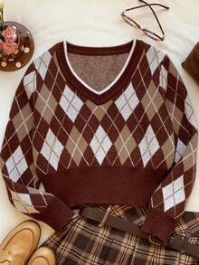 Muchica Sweater lengan panjang wanita berwarna cokelat, bergaya dan elegan dengan motif berlian dan kombinasi warna yang serasi, sempurna untuk dikenakan di musim gugur dan musim dingin. - MultiWarna - View 5