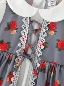 SHEIN Rochie arabă gri cu mânecă lungă pentru fetițe, cu imprimeu floral cu trandafiri și garnitură albă, elegantă, vintage, brodată cu motive florale, rochie arabă tradițională minimalistă, casual, cu mânecă lungă, pentru fetițe, potrivită pentru primăvară/vară, rochie elegantă și modestă cu mânecă lungă, Abaya de rugăciune, confort ușor, ținută casual, vibrații de vacanță, kaftan modest, Jalabiya pentru fetițe, Abaya Jalabiya pentru fetițe, Jalabiya pentru fetițe - Gri - Vizualizare 2