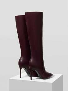 MOTF Botas altas de tacón fino y puntera puntiaguda de piel de poliuretano versátiles y elegantes para uso diario para mujeres - Burdeos - Ver 8