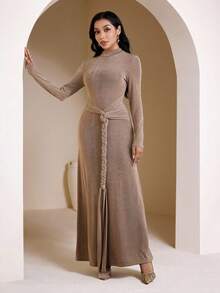 Veilorie Women's Solid Color Stand Collar Raglan Sleeve Fitted Dress - Khaki - View 1
