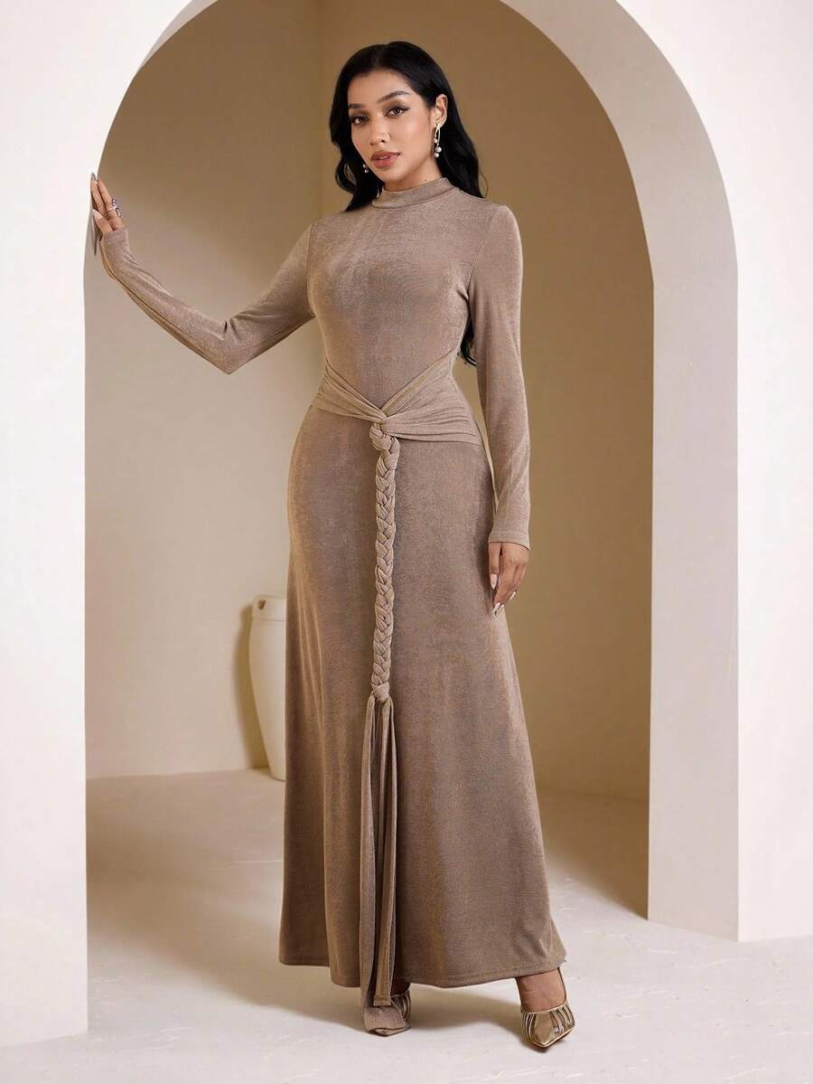 Veilorie Women's Solid Color Stand Collar Raglan Sleeve Fitted Dress - Khaki - View 1