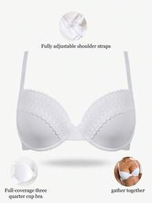DesireSculpt 1pc Women's Solid Color Lace Patchwork Bra - White - View 7