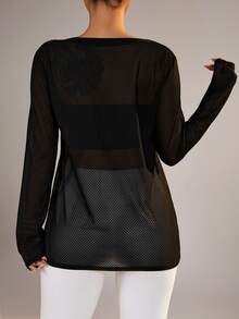 SHEIN Velisys 2件装女士纯色圆领宽松长袖运动T恤网眼上衣，适合健身穿着，透视长袖运动上衣 - 黑色 - 查看 2