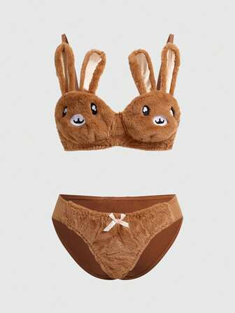 Kawaii Conjunto de sujetador inalámbrico de peluche con bordado de conejito lindo