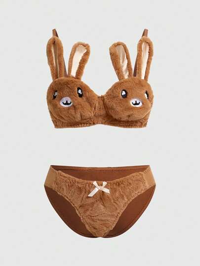Kawaii Cute Bunny Embroidery Plush Wireless Bra Set