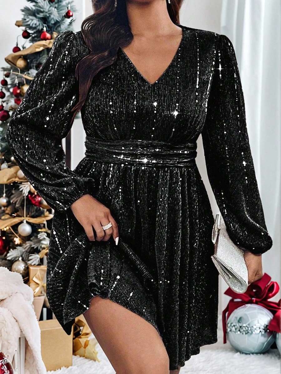 Roveilla 大码女式亮片褶饰长袖粉色情人节连衣裙 - 黑色 - 查看 1