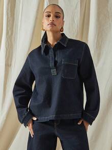 Vixey Oversized Plunge Neck Pointe Collar Long Sleeve Denim Shirt - Dark Wash - View 1