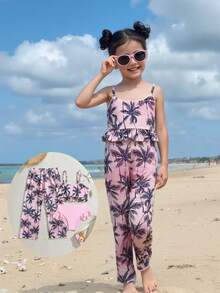 SHEIN Vintaside Kids 女童三件套针织树纹比基尼套装，包含纯色和印花背心上衣，时尚设计，可爱泳装，适合海滩、游泳、度假和夏季穿着。 - 粉色 - 查看 3