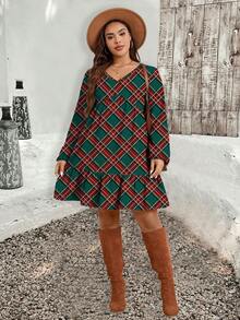 EMERY ROSE Váy kẻ caro cổ chữ V viền bèo nhún màu sắc thu cỡ lớn - màu xanh lá - Xem 6