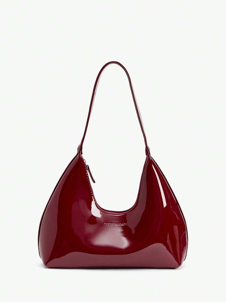 SHEIN BAE Korean Style Niche Red Lacquer Leather Crescent Shoulder Bag, Ladies Handbag, Stylish Underarm Bag, Good Quality - Burgundy - View 1