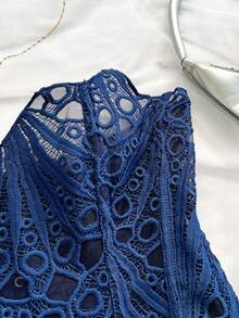 Soleia European & American Style Sexy Vacation Lace Double-Layer Corset Bustier, Hollow Embroidered Shapewear, Deep Blue - Royal Blue - View 4