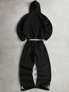 PAVTROS Ensemble deux pièces homme de style de rue populaire, style INS, avec broderie LA, serviette 2 en 1, pantalon à double taille avec fermeture éclair, et sweat-shirt à capuche. Convient pour les festivals de musique en plein air, les boîtes de nuit, les bars. Cadeau pour petit ami/mari, cadeau d'anniversaire. Ensemble noir deux pièces, pour l'hiver, doublure thermique - Noir - Voir 4