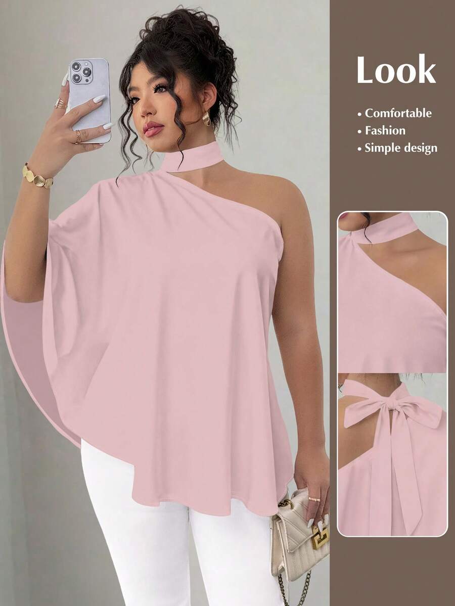 SHEIN Elenzya 大码斜领露背扎染印花衬衫 - 粉色 - 查看 1