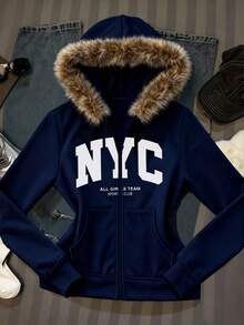 SHEIN EZwear 休闲哥特风女式水钻仿毛皮连帽卫衣，拉链卫衣，灰色套头卫衣，女式卫衣，B2 - 彩色 - 查看 5