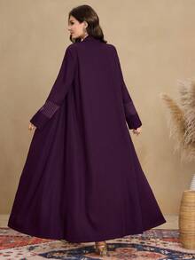 Al Najma Women's Elegant Arabic Style Purple Striped Patchwork Lapel Double-Breasted Long Robe, Suitable For Commuting And Daily Wear Abayas Open Abaya For Women - Purple - View 2