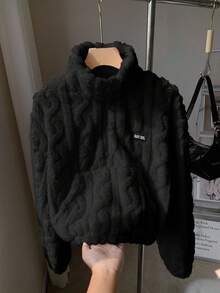 Comfortcana 黑色女士短字母图案毛绒休闲卫衣