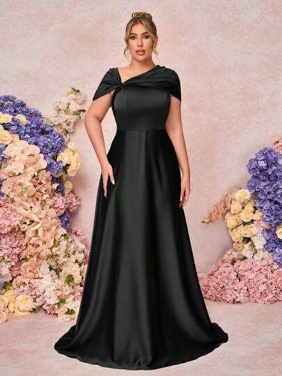 SHEIN Belle Plus Size Women's Elegant Romantic Sage Green Satin Off Shoulder Twist Knot Asymmetric Bow A-Line Formal Bridesmaid Dress Suitable For Wedding Events