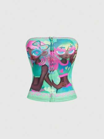 Anime Canotta corta con cerniera anteriore e stampa divertente e carina di ragazza per donna