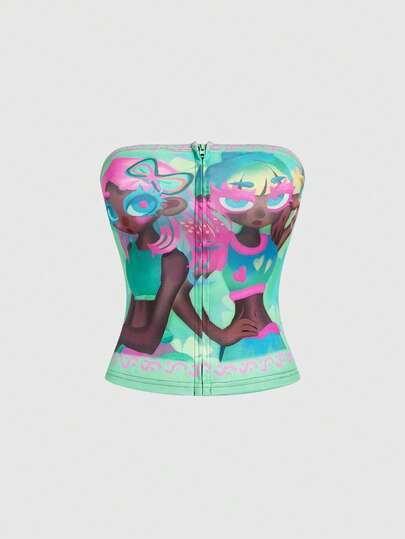 Anime Canotta corta con cerniera anteriore e stampa divertente e carina di ragazza per donna