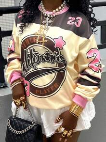 Rovax 大码 Y2K 街头服饰复古字母和数字徽章数码印花圆领女式运动衫