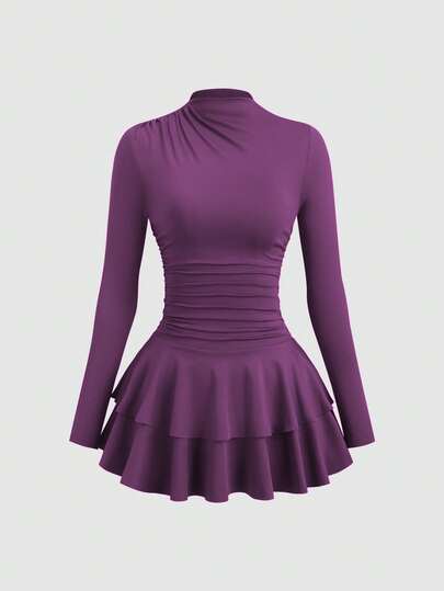 SHEIN PETITE Váy cổ cao tay dài màu đỏ nhún eo cổ điển dành cho nữ, Thu/Đông