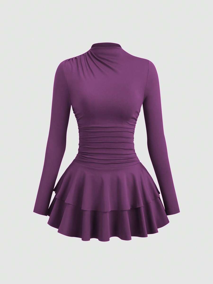 SHEIN PETITE 女士红色长袖高领褶皱腰身复古连衣裙，秋冬款 - 紫色 - 查看 1