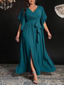 Auvina Đầm dự tiệc thanh lịch màu trơn cổ chữ V tay loe buộc eo xếp ly dành cho nữ cỡ lớn - Màu xanh ngọc - Xem 3