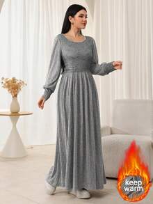 Seusyu Lace Patchwork Knitted Long Sleeve Flared Hem Arabic Style Dress For Women - Dark Grey - View 7