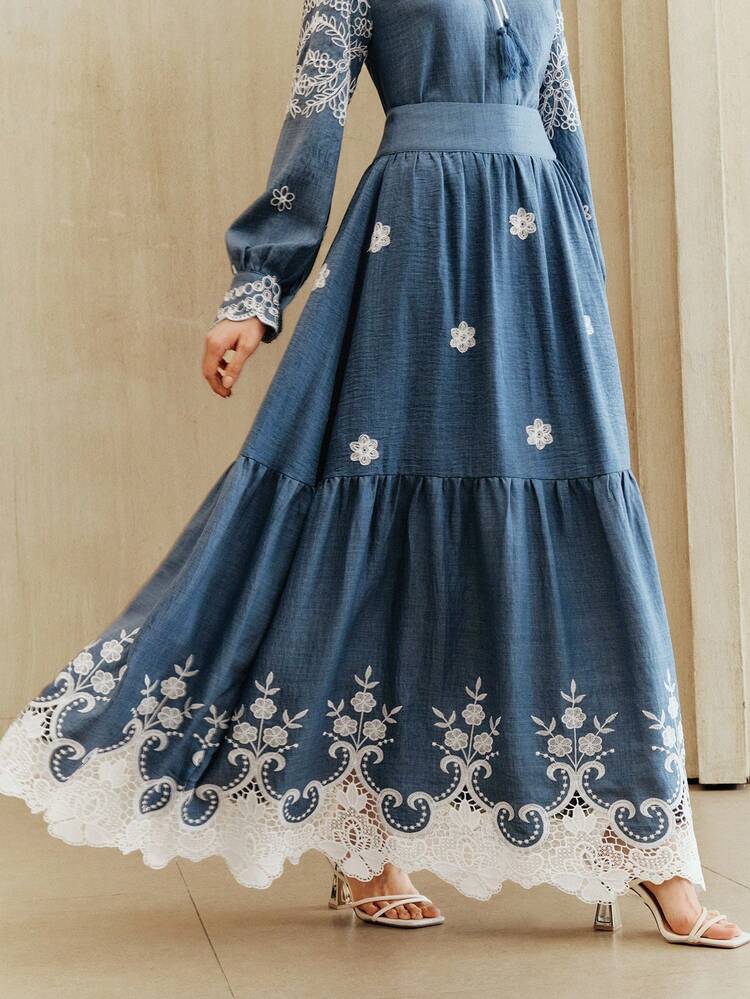 Women's Elegant Vintage Roman Embroidery Lace Patchwork Faux Denim Skirt, Suitable For Valentine's Day, Women's Day, Mother's Day, Vacation, Birthday, Dinner Date