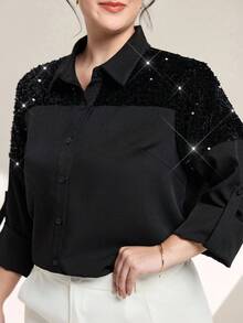 Momelise Kemeja Fashion Wanita Ukuran Besar dengan Hiasan Payet, Patchwork, dan Ruffle di Manset, Kancing Tunggal - Hitam - View 7
