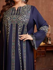 Al Najma 大码女式长袖A字连衣裙，阿拉伯风格 - 藏蓝色 - 查看 3