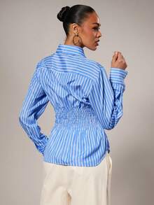 Hauture Women's Casual Striped Waist Cinching Front Button Long Sleeve Shirt, Autumn - Blue and White - View 6