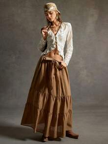 SoleilVie Bohemian Casual Multi-Layer Patchwork Flared Bow-Tie Design Women Skirt Brown Long Skirt Country Skirt Western Skirt - Brown - View 6