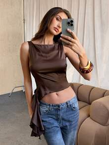 Aloruh Áo hai dây hở vai, viền bất đối xứng hở lưng dành cho nữ, màu nâu trơn, thích hợp mặc dự tiệc, đi làm và mặc hàng ngày, mùa thu/đông - màu nâu - Xem 3