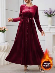 SHEIN Najma 女士阿拉伯风格连衣裙，前扣系带腰身长袖喇叭下摆 - 酒紅色 - 查看 3