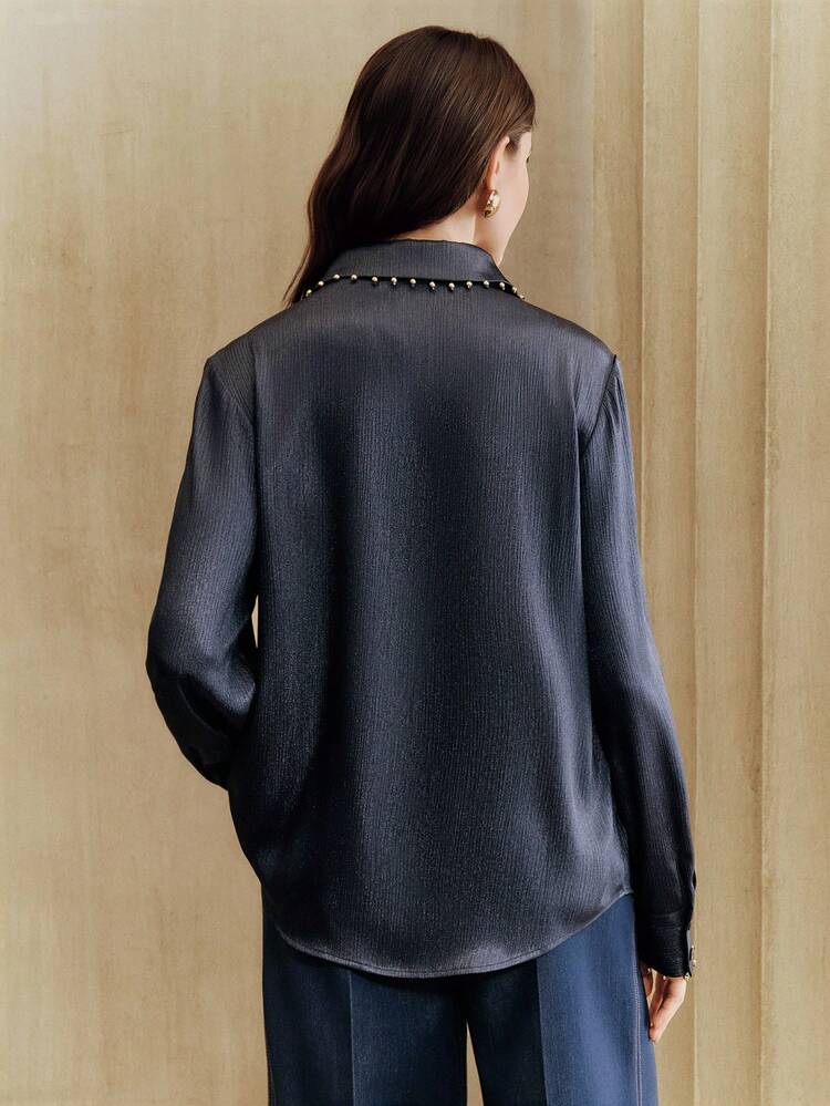 Women's Asymmetrical Metallic Button Embellished Long Sleeve Striped Textured Shirt With Stand Collar, Suitable For Birthday Party