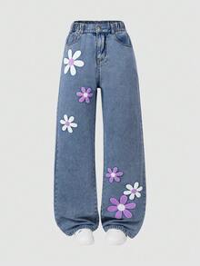 SHEIN ChillGRL 少女复古Y2K花卉植绒贴袋阔腿牛仔裤 - 藍色 - 查看 6