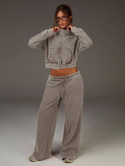 Athîral Pantalones de chándal holgados con cintura con cordón y bolsillos para mujer